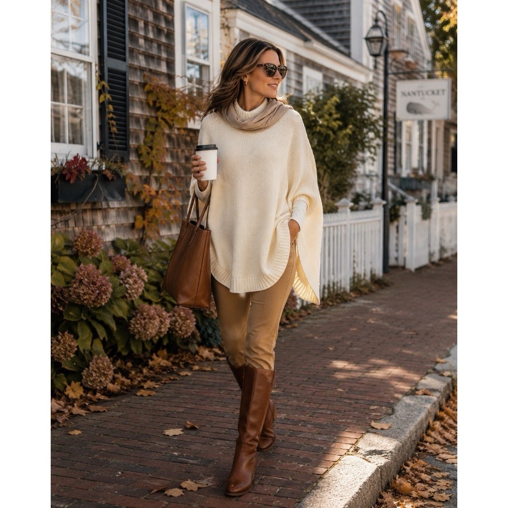 April Marin Merino Wool Alpaca Knit Poncho Sweater Cream Ivory One Size